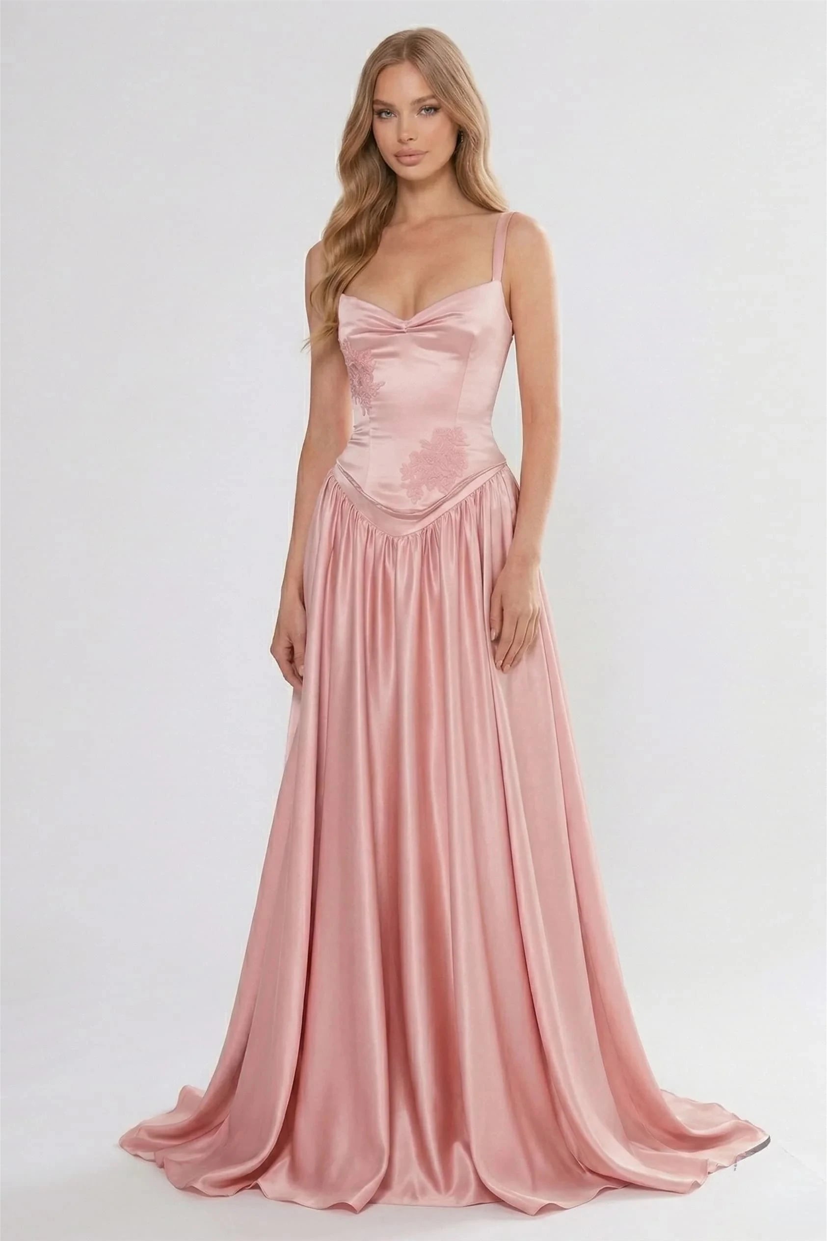 Timeless Dusty Rose Spaghetti-Straps Sweetheart Sleeveless Satin Prom Dresses Floor Length With Lace-Up Back