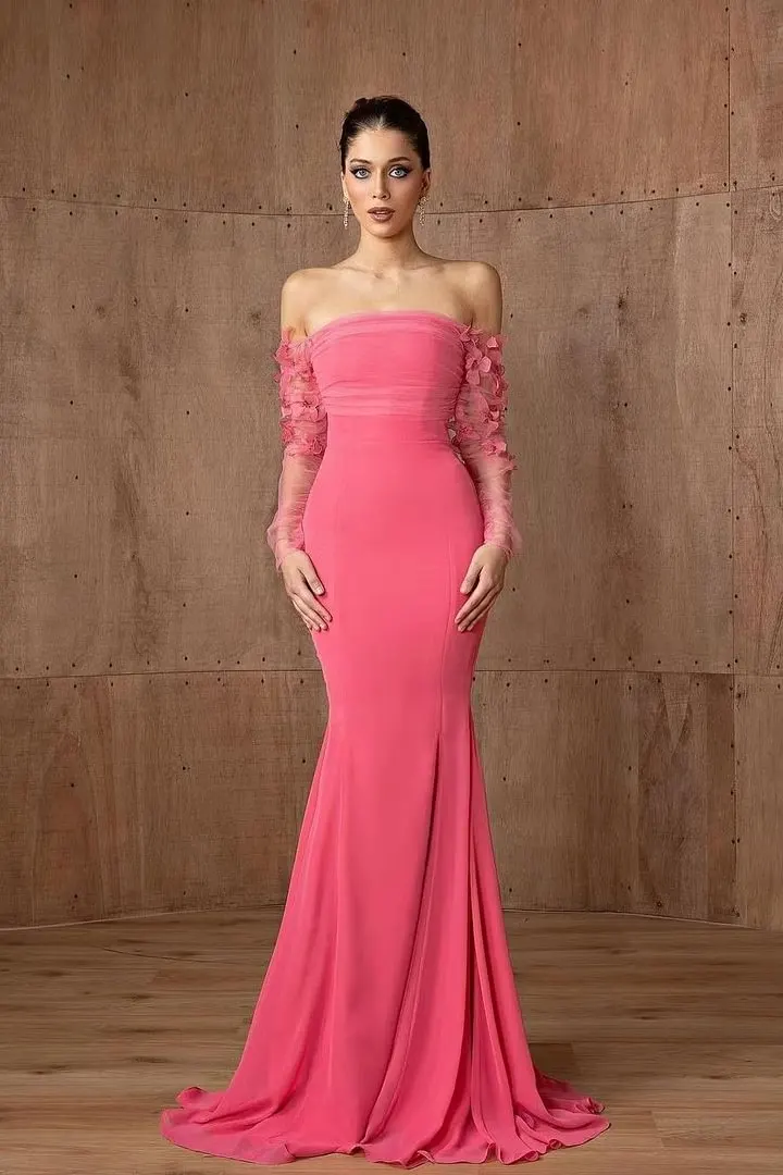 Graceful Off The Shoulder Long Sleeves Mermaid Satin Floor Length Prom Dresses