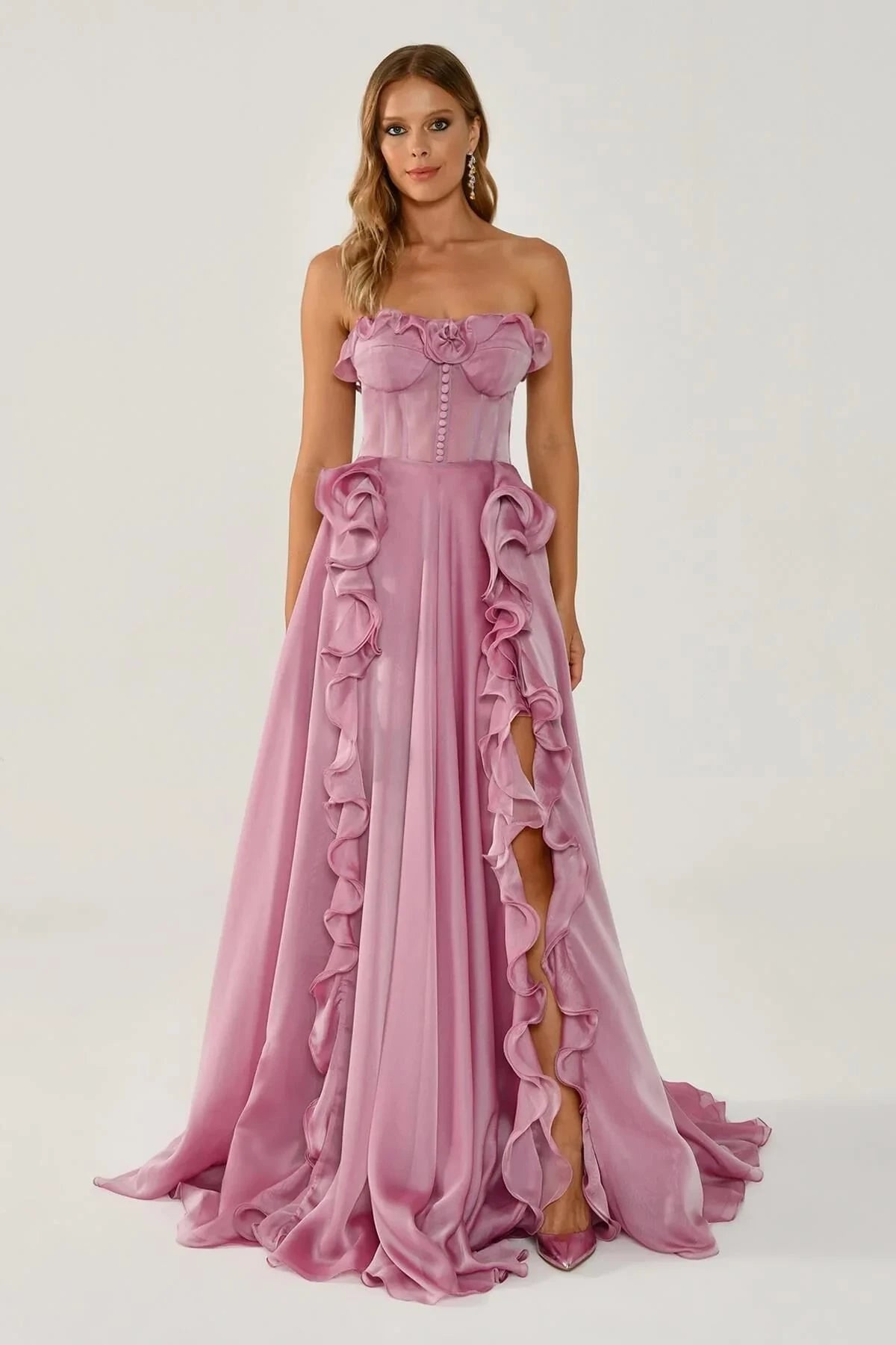 Graceful Strapless Sleeveless A-Line Prom Dresses High Split With Lace-Up Back