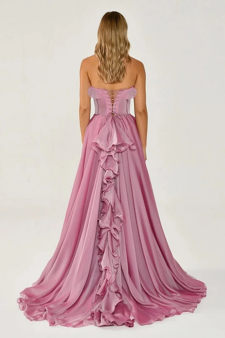 Graceful Strapless Sleeveless A-Line Prom Dresses High Split With Lace-Up Back