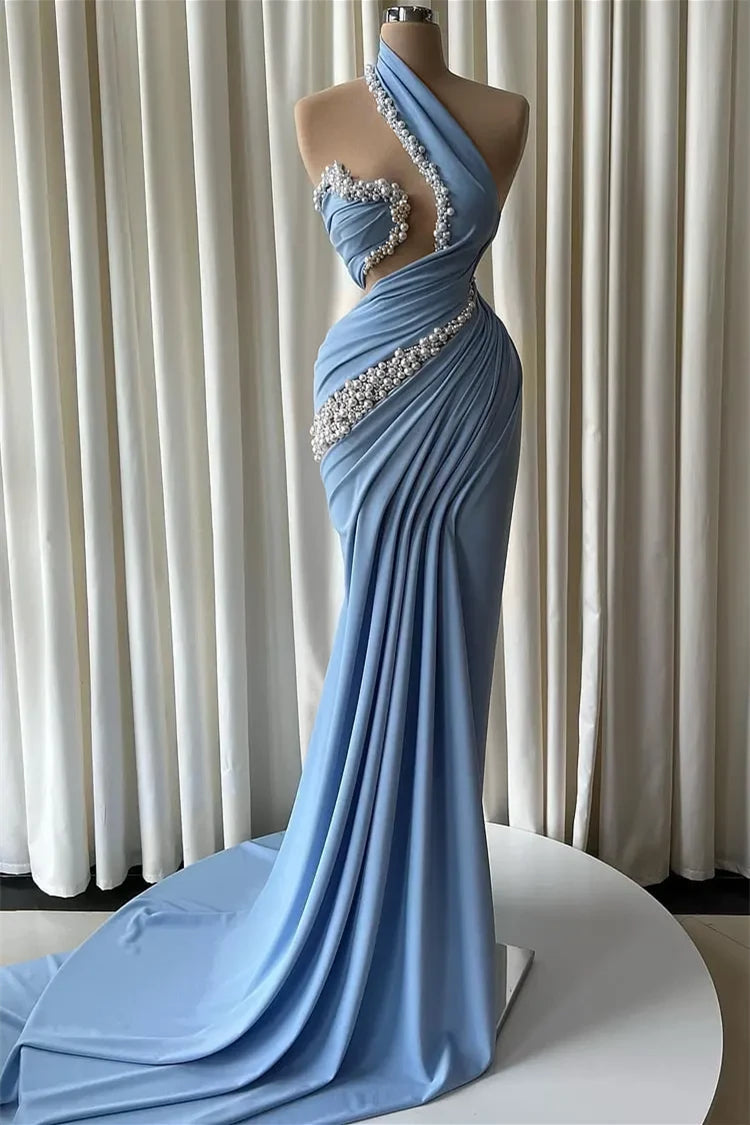 Graceful Dusty Blue Asymmetrical Sleeveless Mermaid Satin Prom Dresses Pearls With Pleats