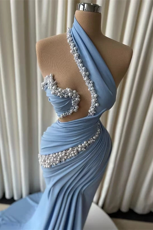 Graceful Dusty Blue Asymmetrical Sleeveless Mermaid Satin Prom Dresses Pearls With Pleats