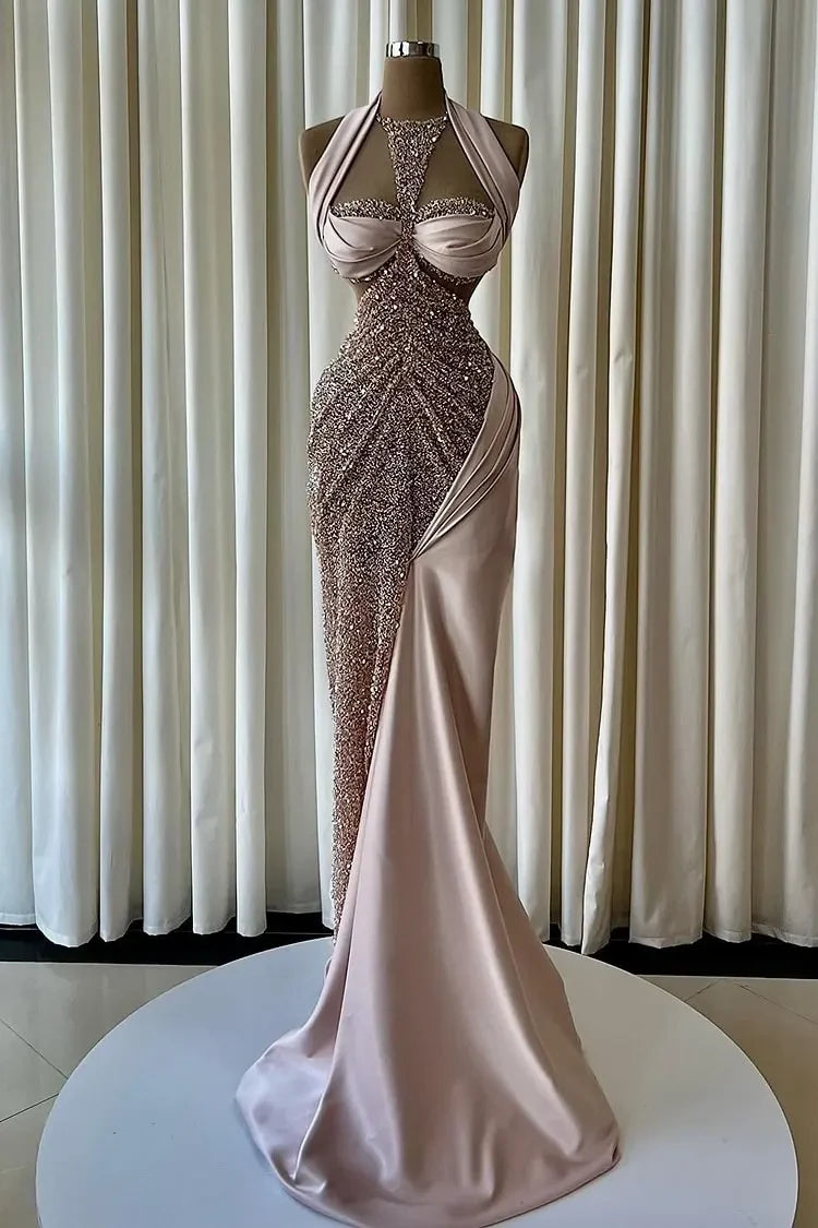 Dazzling Halter Sleeveless Sweetheart Satin Mermaid Prom Dresses Floor Length With Beads
