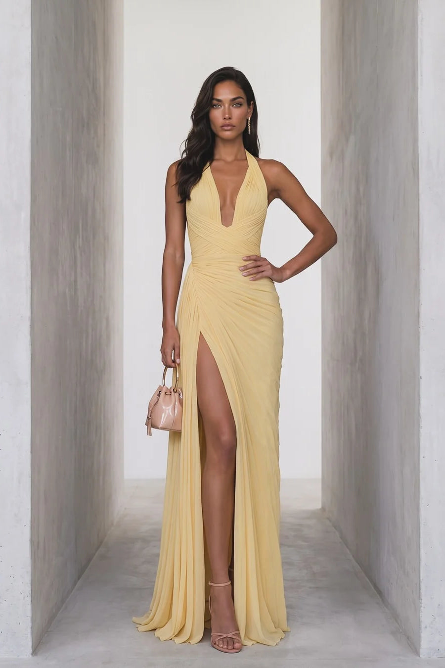 Luxurious Daffodil Halter V-Neck Sleeveless Chiffon Prom Dresses Backless High Split With Pleats