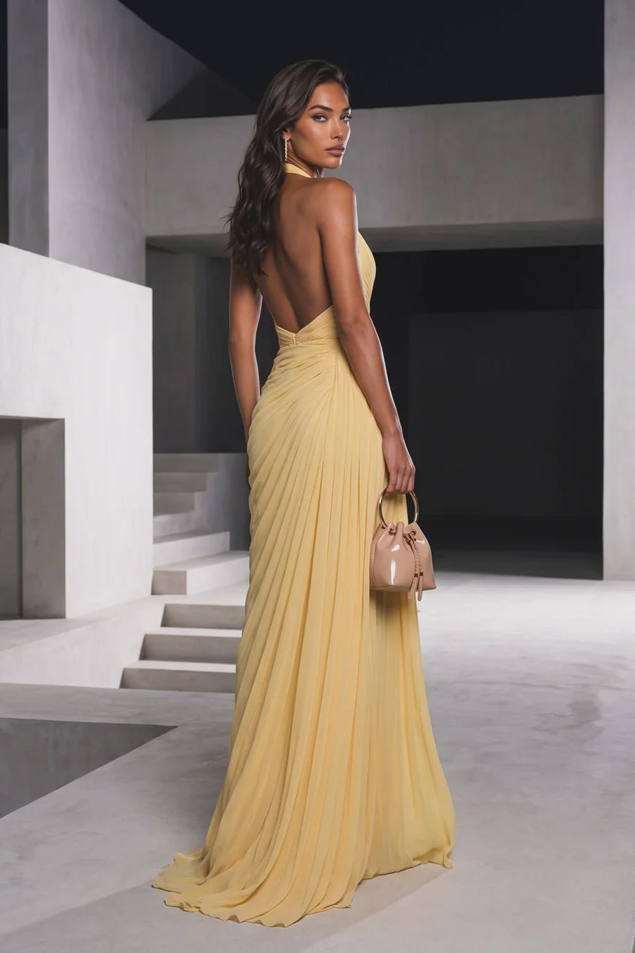Luxurious Daffodil Halter V-Neck Sleeveless Chiffon Prom Dresses Backless High Split With Pleats