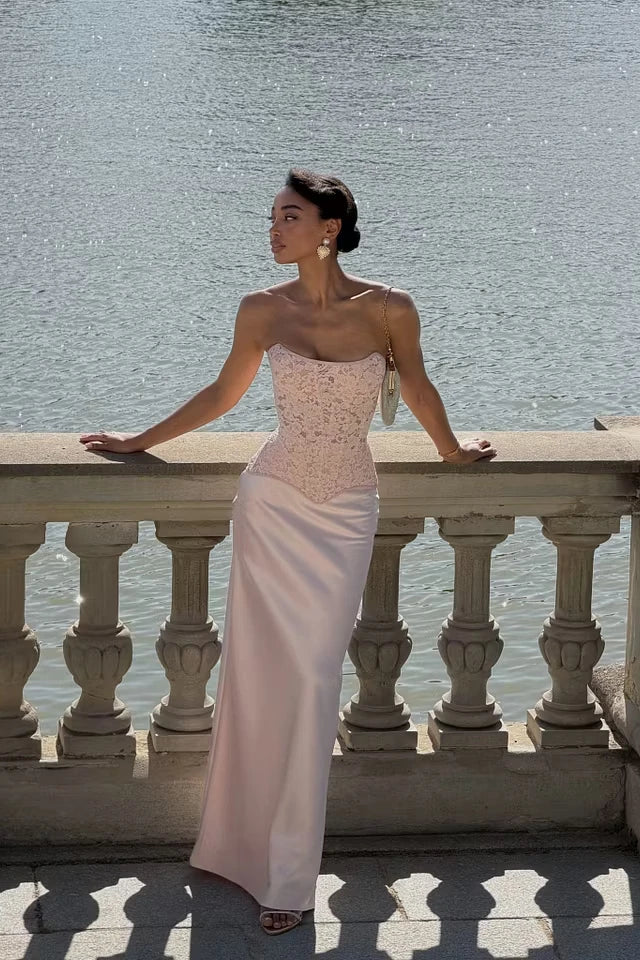 Timeless Pink Strapless Sleeveless Satin Mermaid Prom Dresses Floor Length With Lace-Up Back