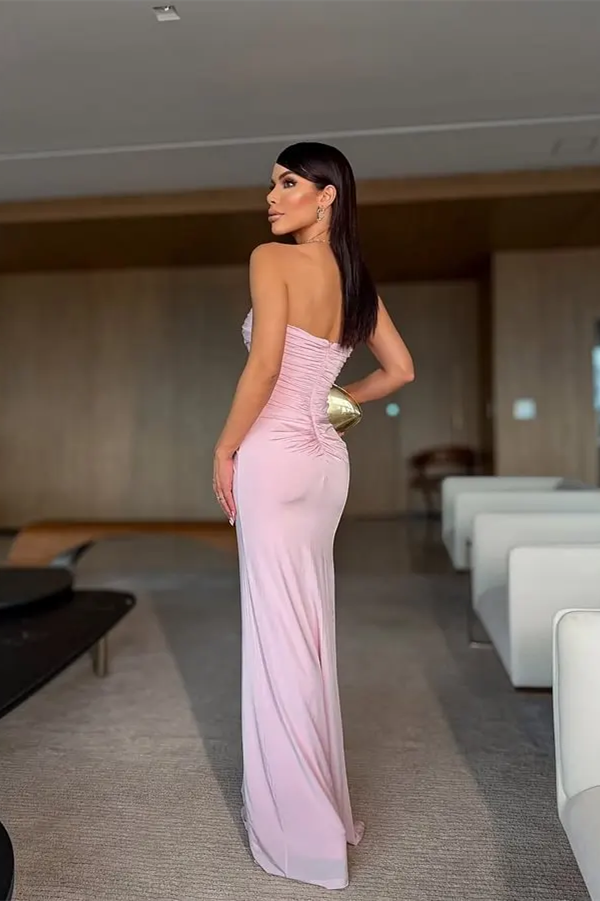 Luxurious Pink Sweetheart Strapless Sleeveless Satin Mermaid Prom Dresses Column With Zipper