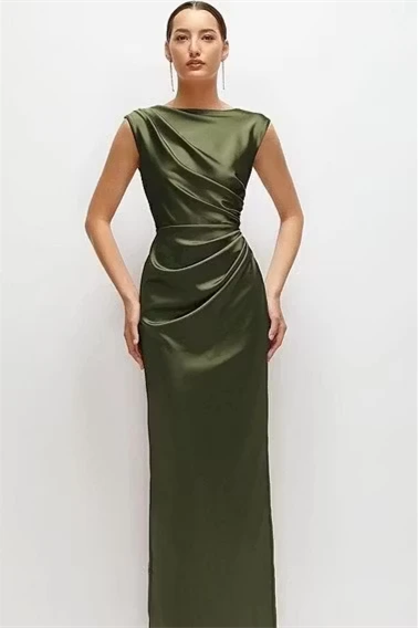 Graceful Sage Sleeveless Mermaid Satin Prom Dresses Sheath Floor Length With Pleats