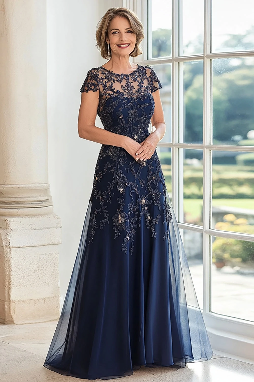 Romantic Dark Blue Short Sleeves A-Line Prom Dresses Floor Length With Beads Pleats