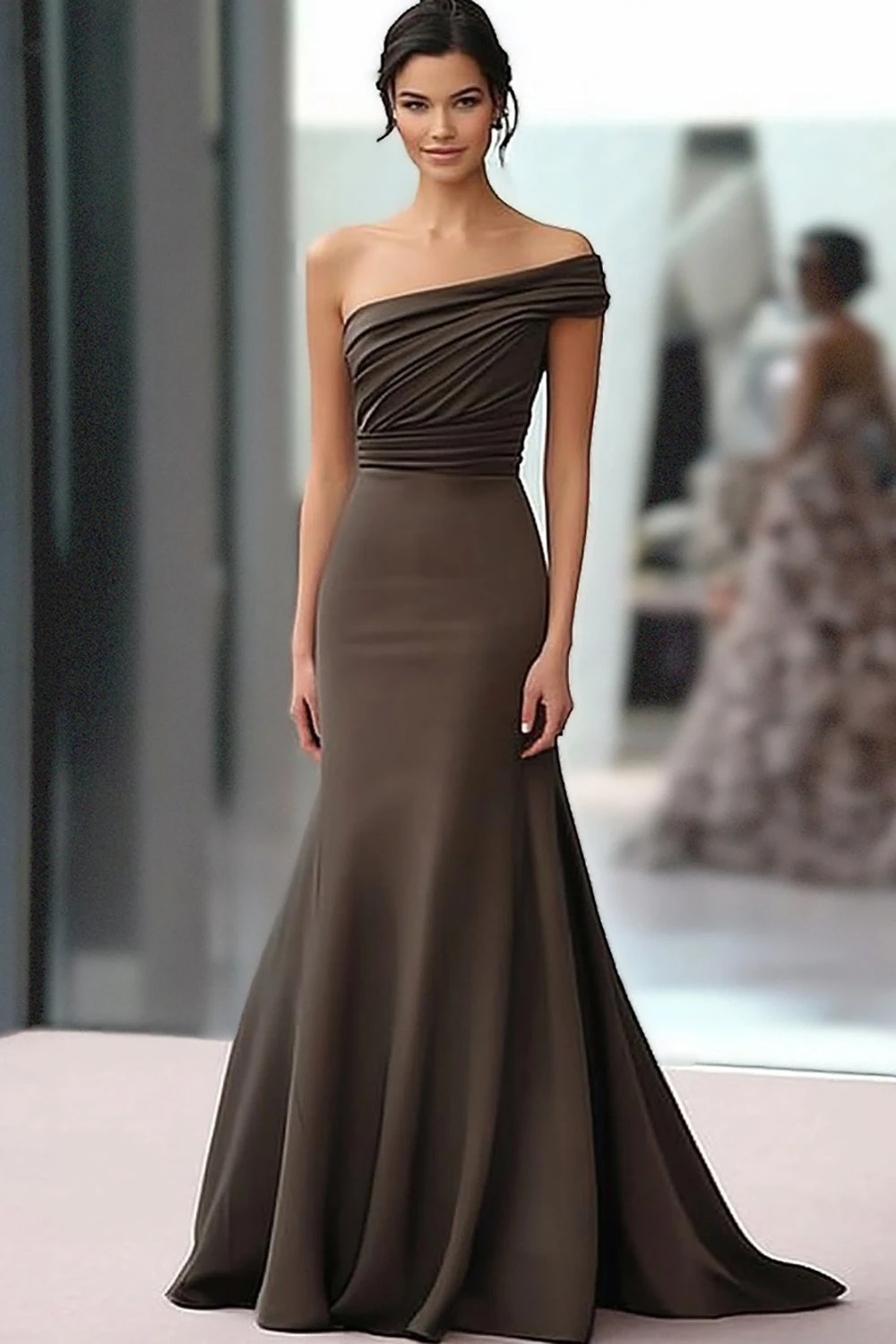 Timeless One Shoulder Satin Mermaid Prom Dresses Sheath Floor Length With Pleats