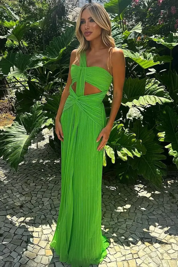 Romantic Green Asymmetrical Sleeveless Prom Dresses Floor Length Column With Pleats