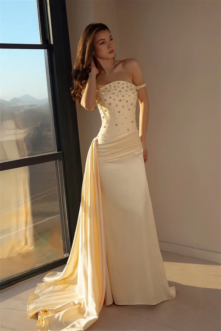 Graceful Champagne Off The Shoulder Satin Mermaid Prom Dresses Sheath Gem With Pleats