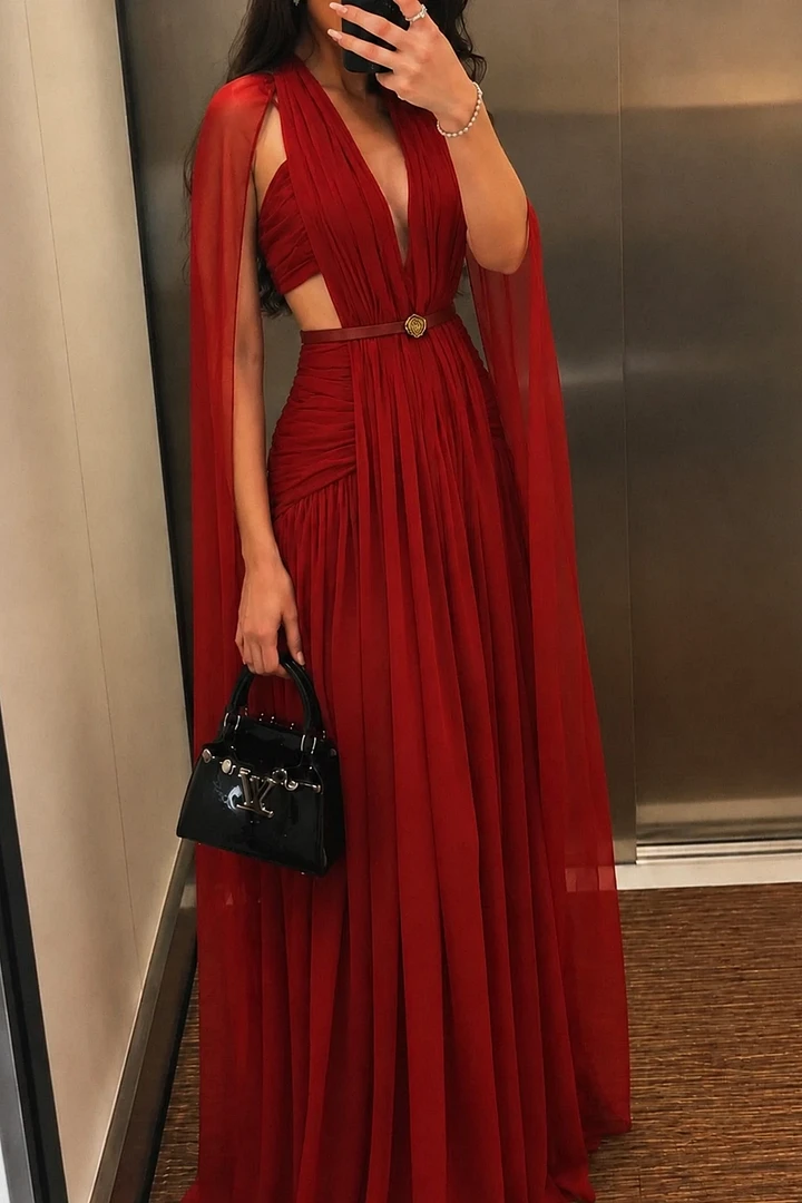Romantic Burgundy Halter Sleeveless Chiffon Prom Dresses Floor Length With Pleats