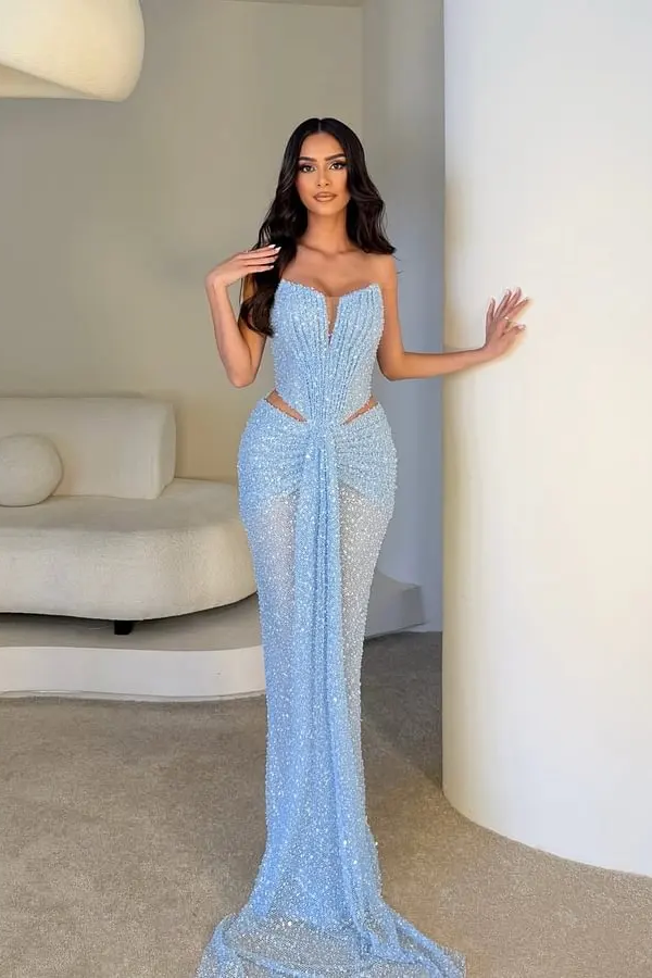 Graceful Sky Blue Strapless Sleeveless Mermaid Prom Dresses Column With Pleats