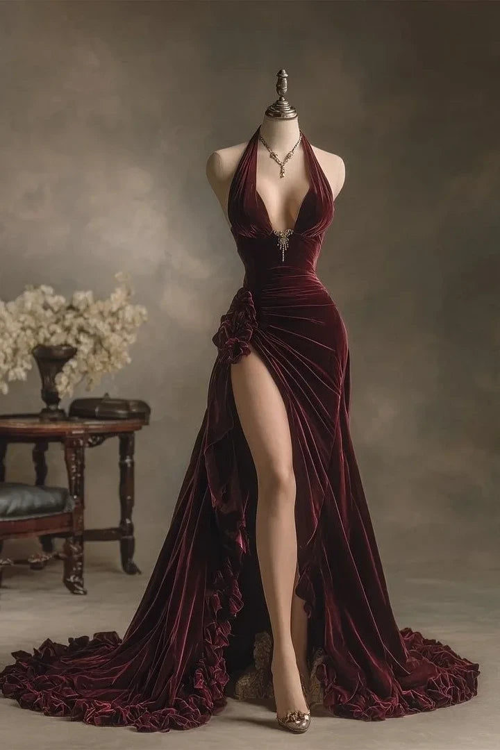 Graceful V-Neck Sleeveless Velvet Prom Dresses Side Split With Pleats