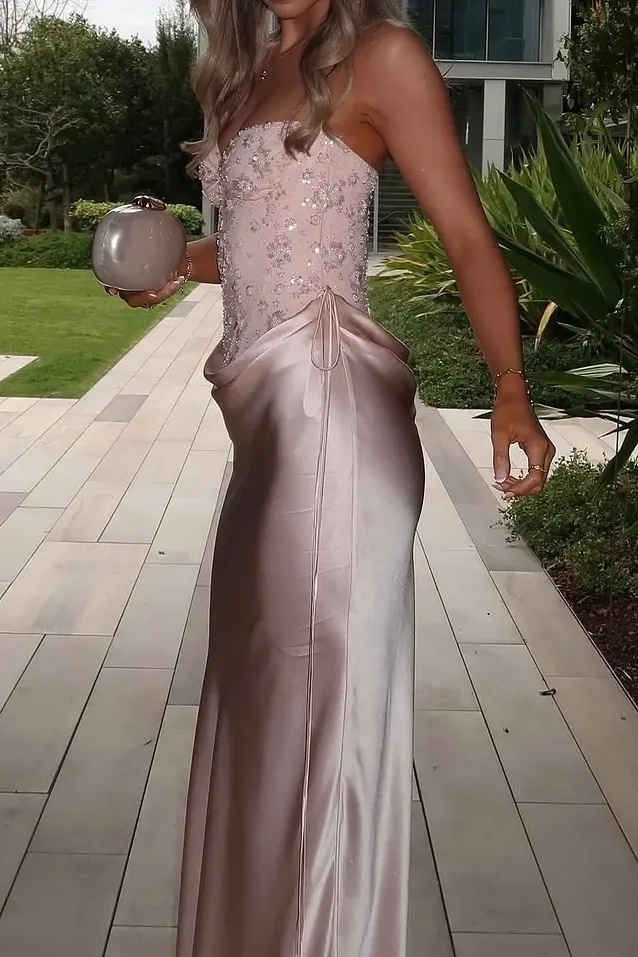 Graceful Dusty Pink Sweetheart Strapless Sleeveless Satin Wedding dresses Column With Lace-Up Back
