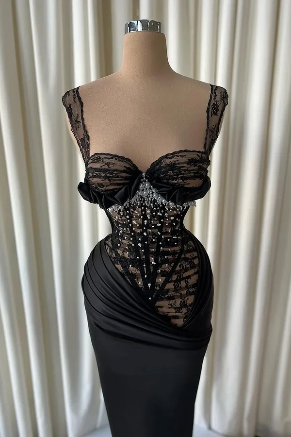 Romantic Black Straps Sweetheart Sleeveless Mermaid Lace Satin Wedding dresses Pearls With Pleats