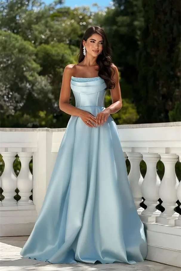 Glamorous Sky Blue Strapless Sleeveless Satin A-Line Wedding dresses Floor Length With Lace-Up Back