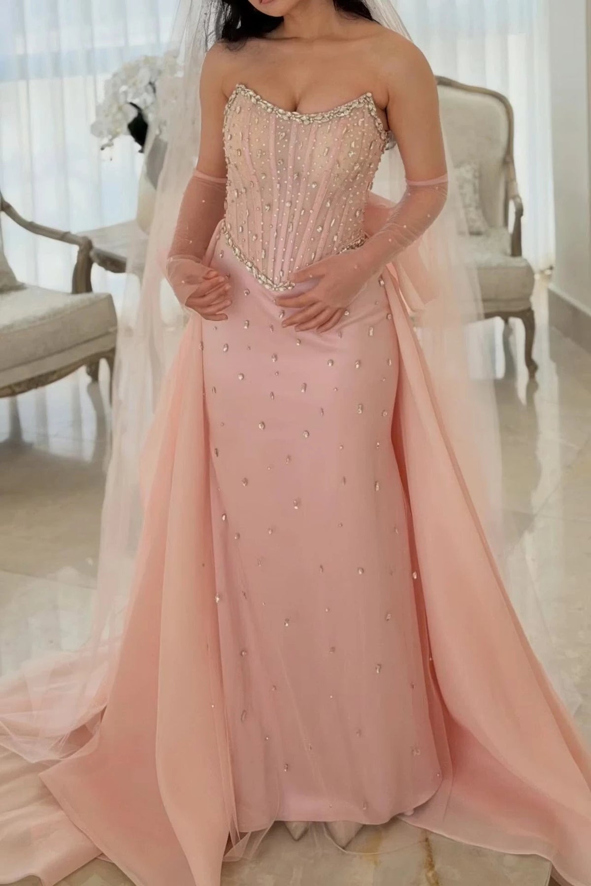 Dazzling Dusty Rose Strapless Sleeveless Mermaid Wedding dresses Gem Sheath With Lace-Up Back