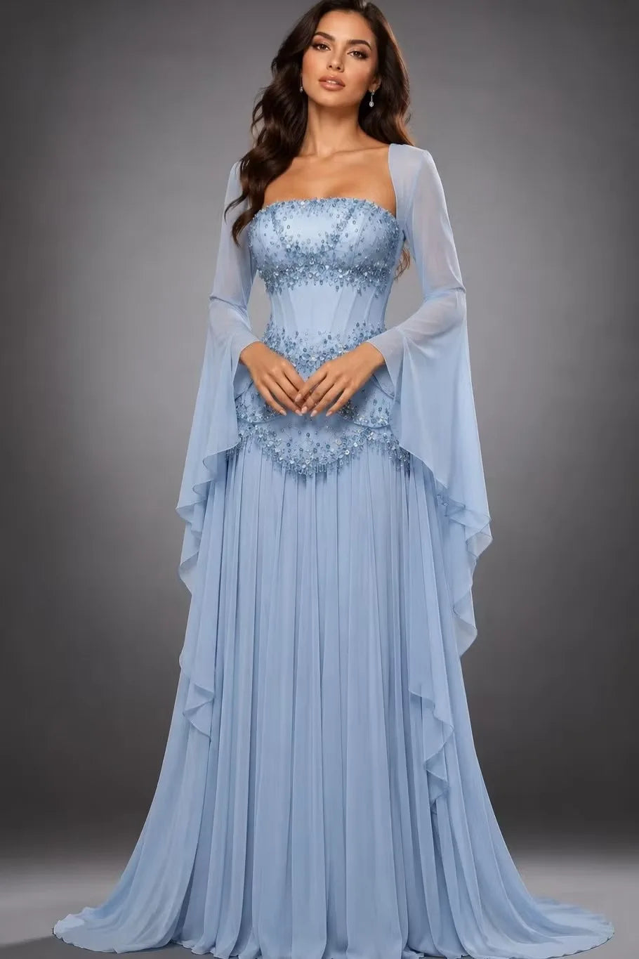 Romantic Blue Long Sleeves Chiffon Wedding dresses Floor Length With Beading Pleats