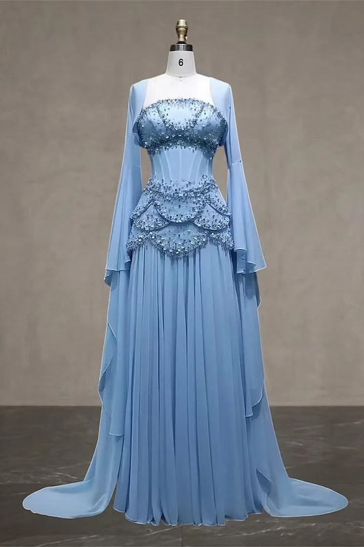Romantic Blue Long Sleeves Chiffon Wedding dresses Floor Length With Beading Pleats