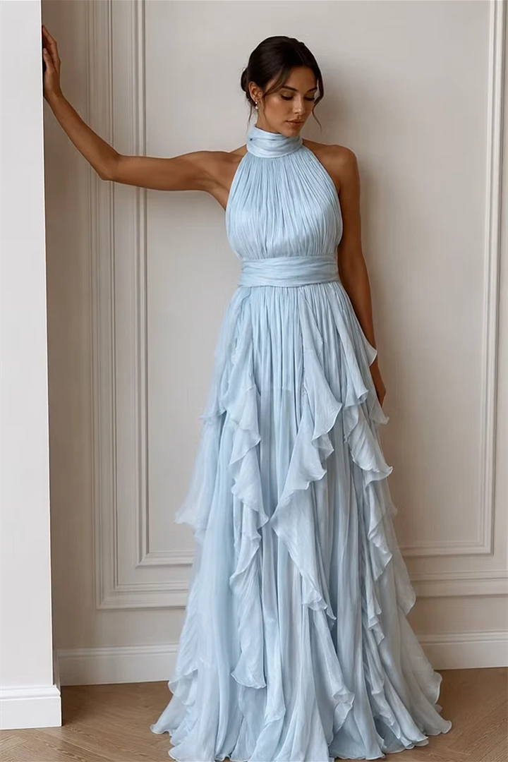 Romantic Dusty Blue Halter Sleeveless Chiffon Wedding dresses Floor Length With Pleats