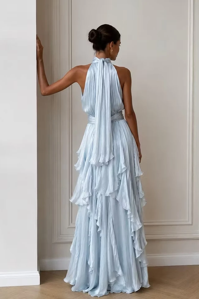 Romantic Dusty Blue Halter Sleeveless Chiffon Wedding dresses Floor Length With Pleats