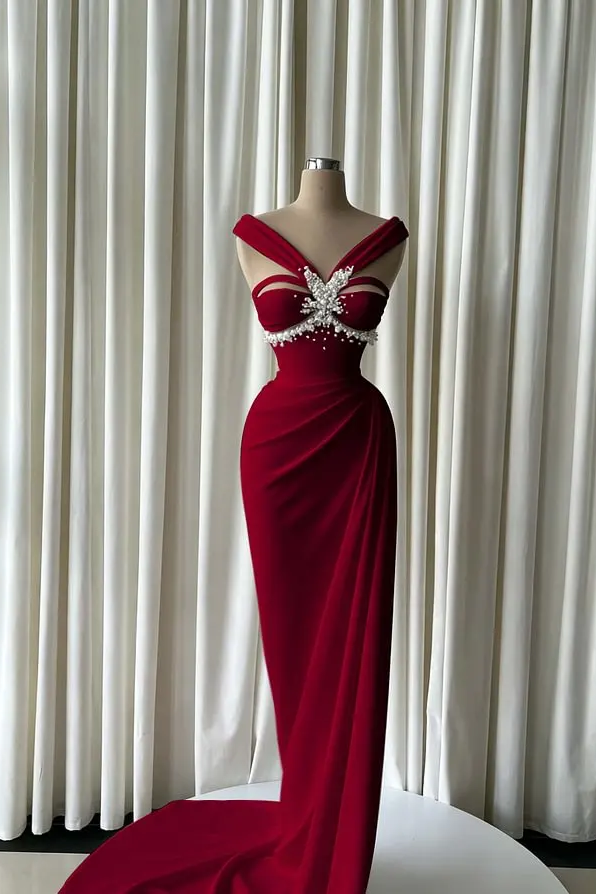 Graceful Burgundy Sleeveless Satin Mermaid Wedding dresses Sheath Pearls With Pleats