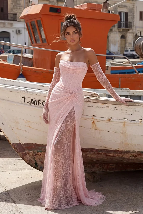 Glamorous Pink Strapless Sleeveless Lace Mermaid Wedding dresses Sheath With Lace-Up Back