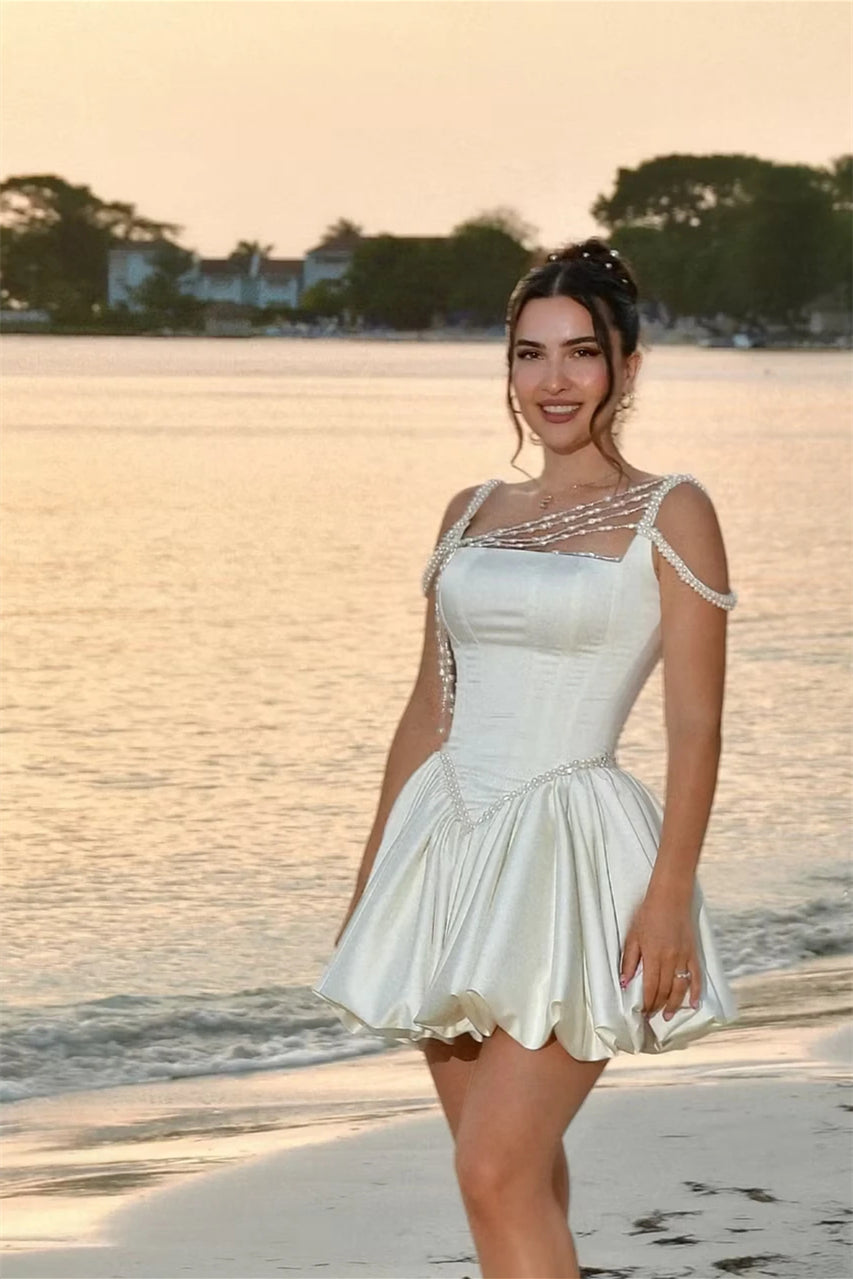 Pretty Straps Sleeveless Satin Homecoming Dresses Mini With Pearls Pleats