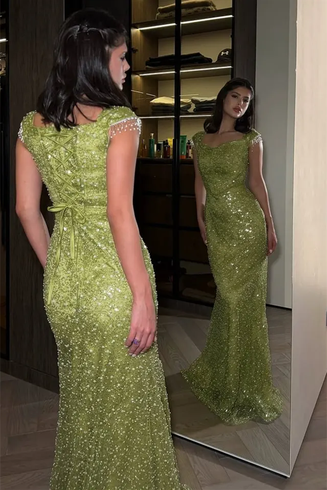 Charming Green Sweetheart Short Sleeves Mermaid Wedding dresses Floor Length With Lace-Up Back