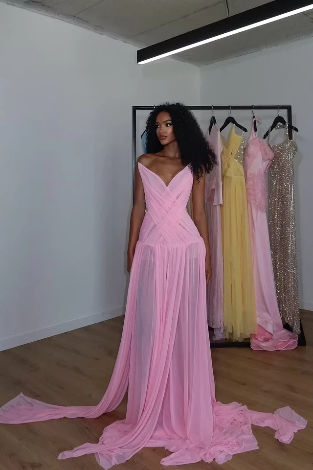 Glamorous Pink Strapless Sleeveless Chiffon Wedding dresses Gem Pleats With Lace-Up Back