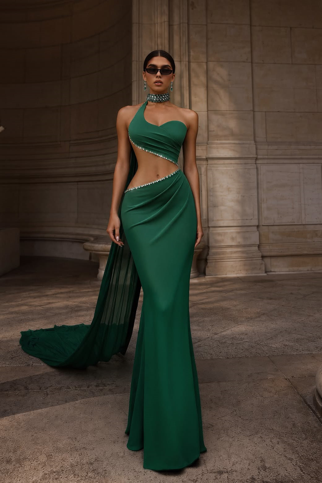 Luxurious Dark Green Sleeveless Satin Mermaid Wedding dresses Sheath Gem With Pleats
