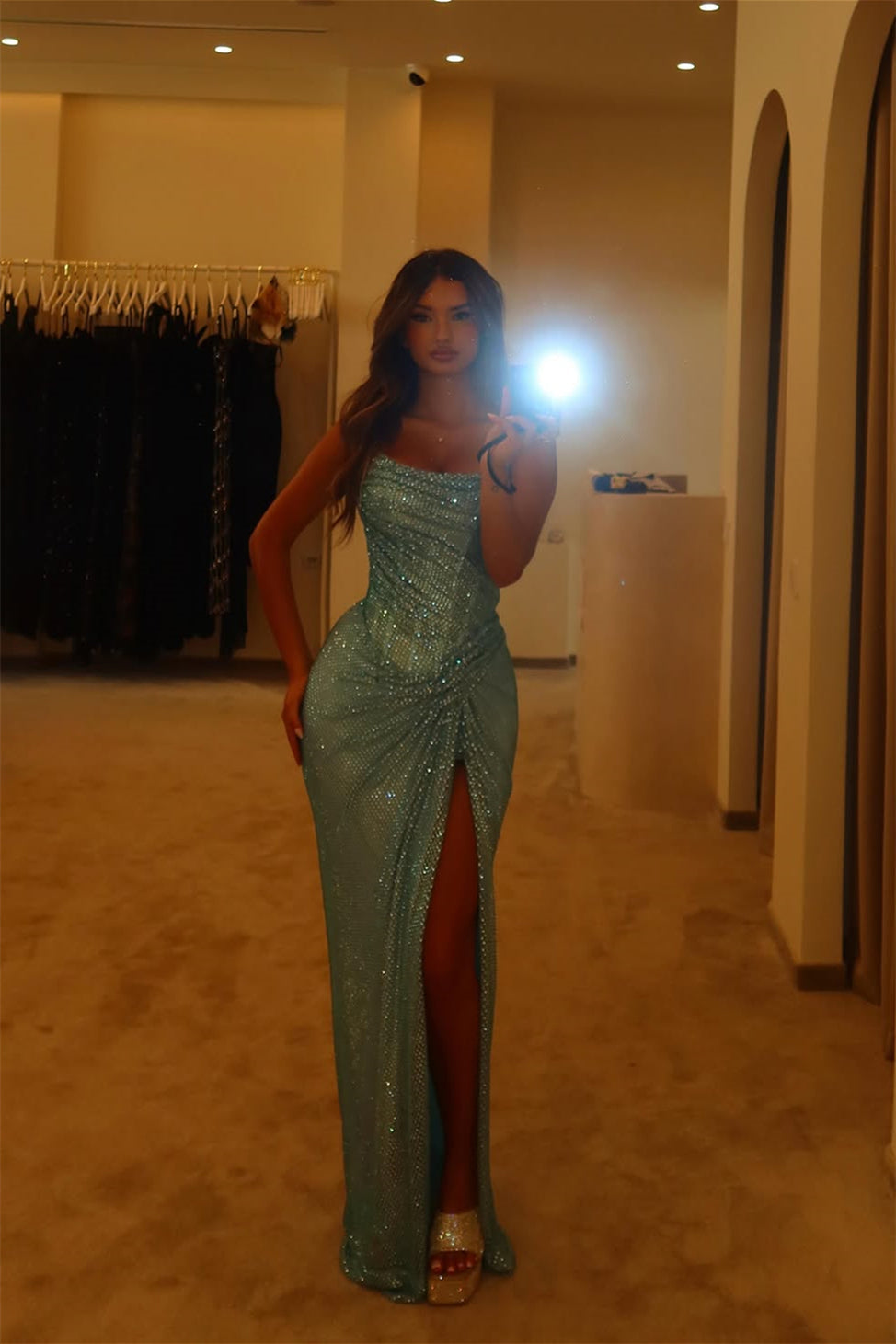 Glamorous Dusty Blue Spaghetti-Straps Sleeveless Mermaid Wedding dresses High Split With Pleats