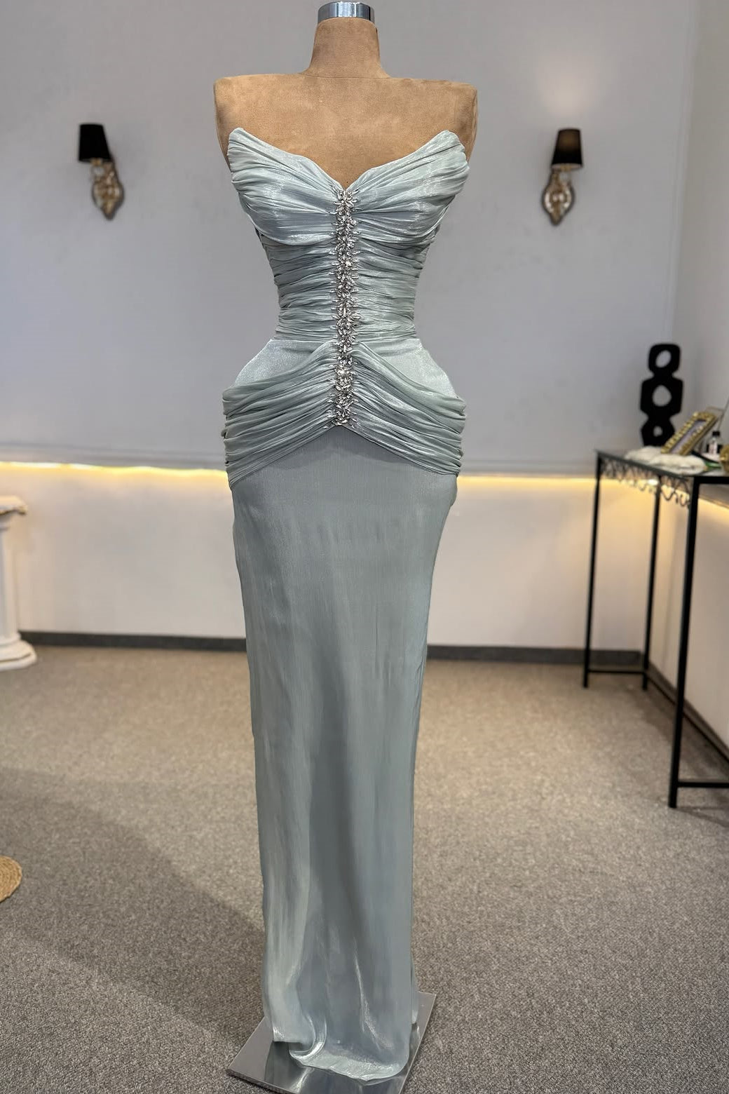 Luxurious Dusty Blue Sweetheart Strapless Sleeveless Mermaid Wedding dresses Floor Length With Pleats