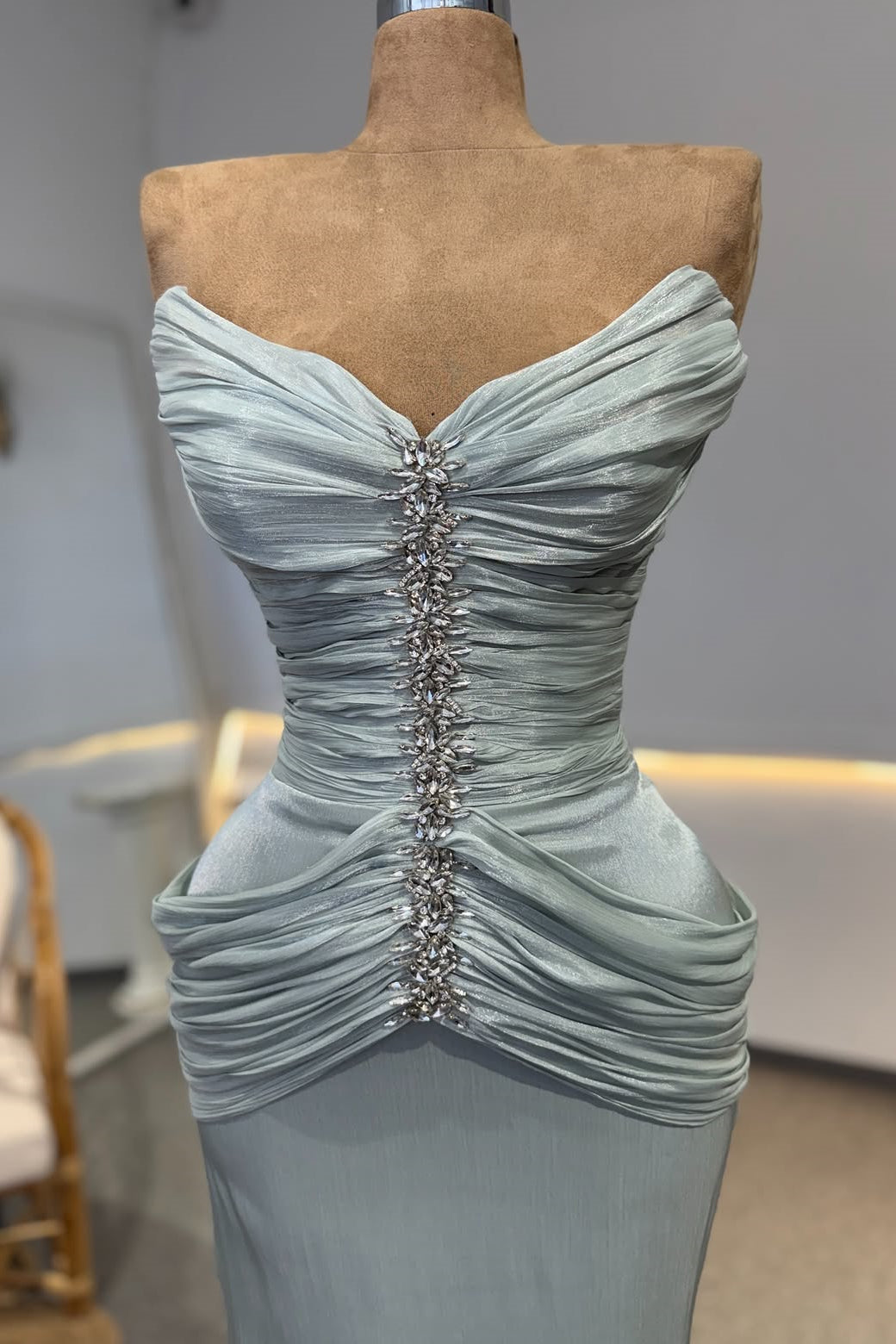 Luxurious Dusty Blue Sweetheart Strapless Sleeveless Mermaid Wedding dresses Floor Length With Pleats