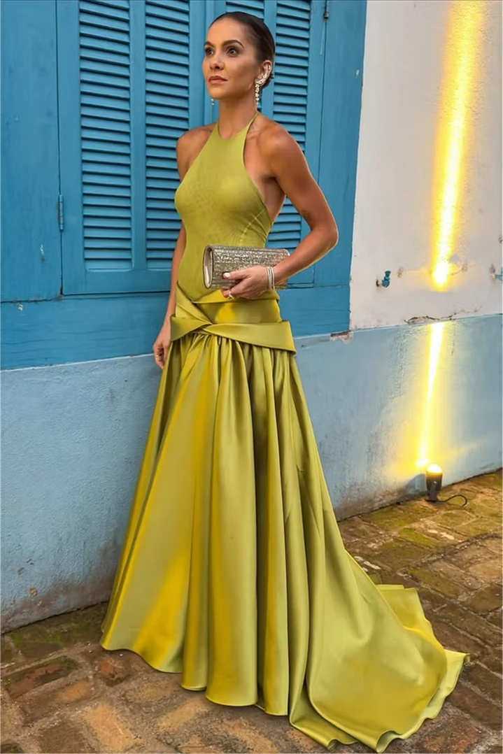 Romantic Dusty Sage Halter Sleeveless Satin Wedding dresses A-Line With Pleats
