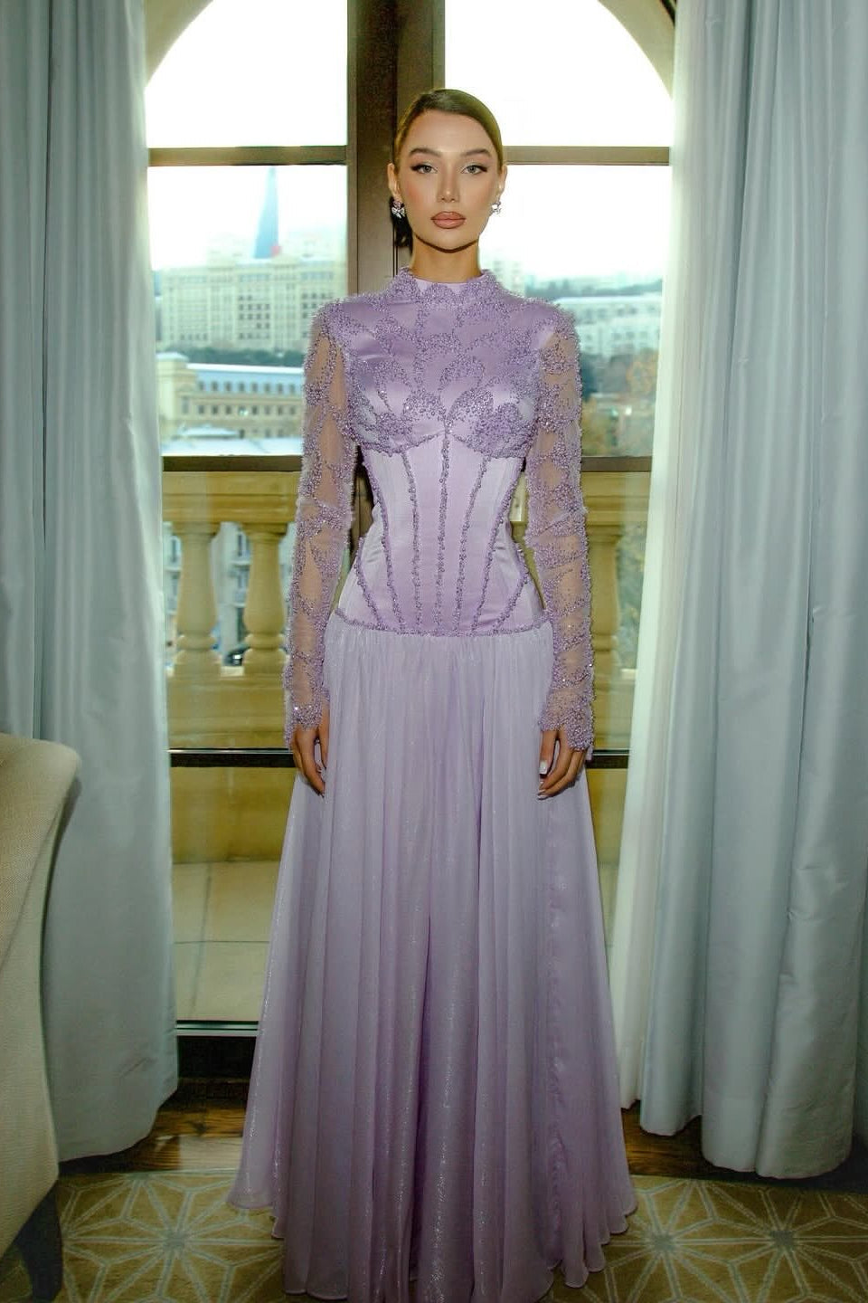 Glamorous Lilac Long Sleeves A-Line Wedding dresses Floor Length With Pleats