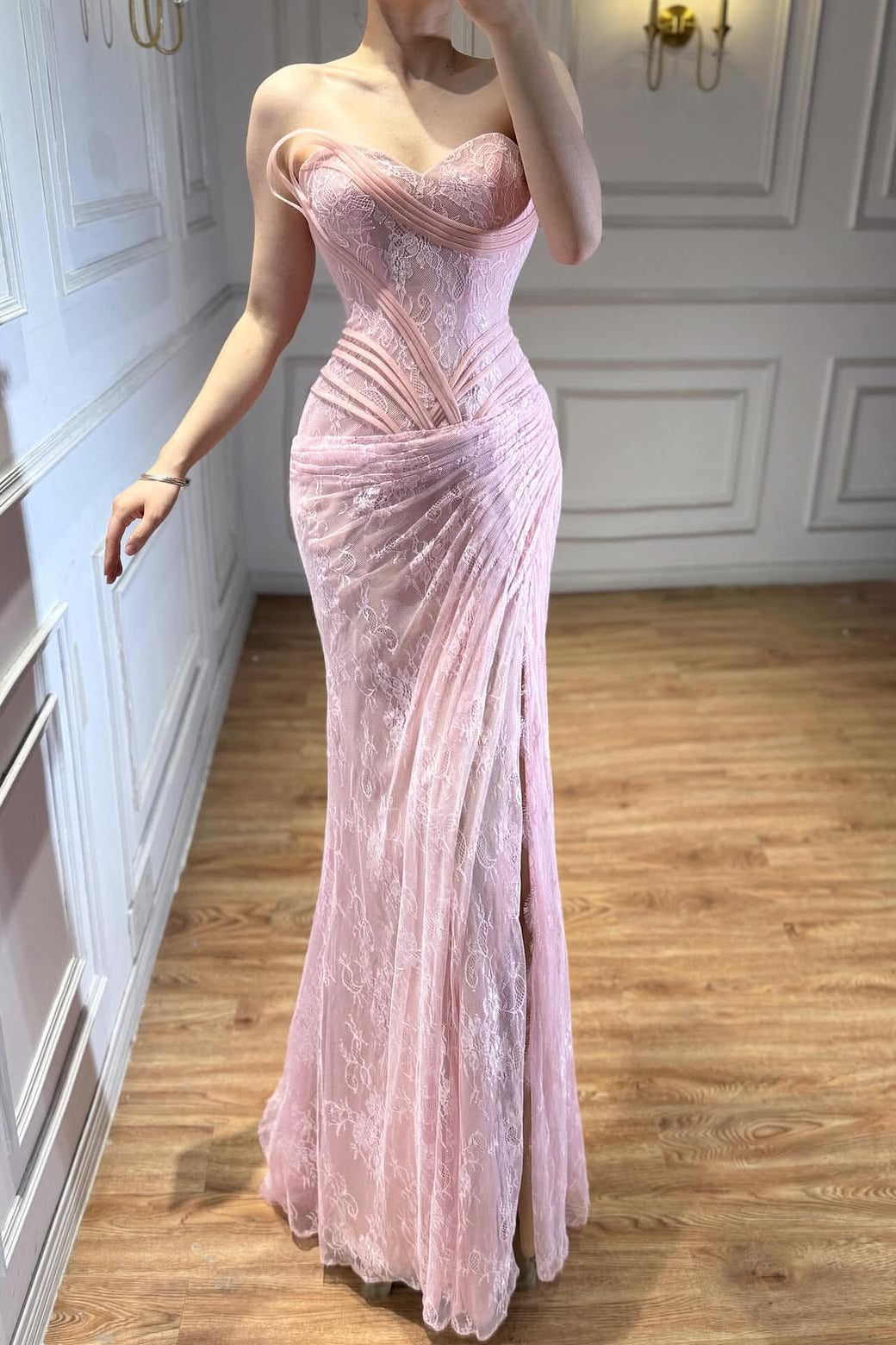 Romantic Sweetheart Strapless Sleeveless Mermaid Lace Wedding dresses High Split With Pleats