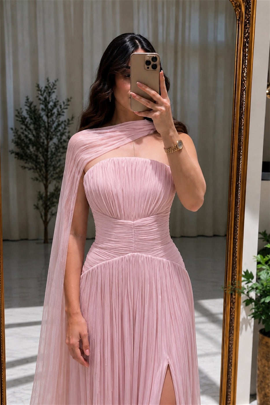 Chic Pink Strapless Sleeveless Chiffon A-Line Prom Dresses High Split With Pleats