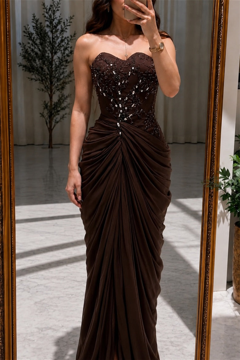 Elegant Brown Sweetheart Strapless Sleeveless Mermaid Prom Dresses Split Beading With Pleats