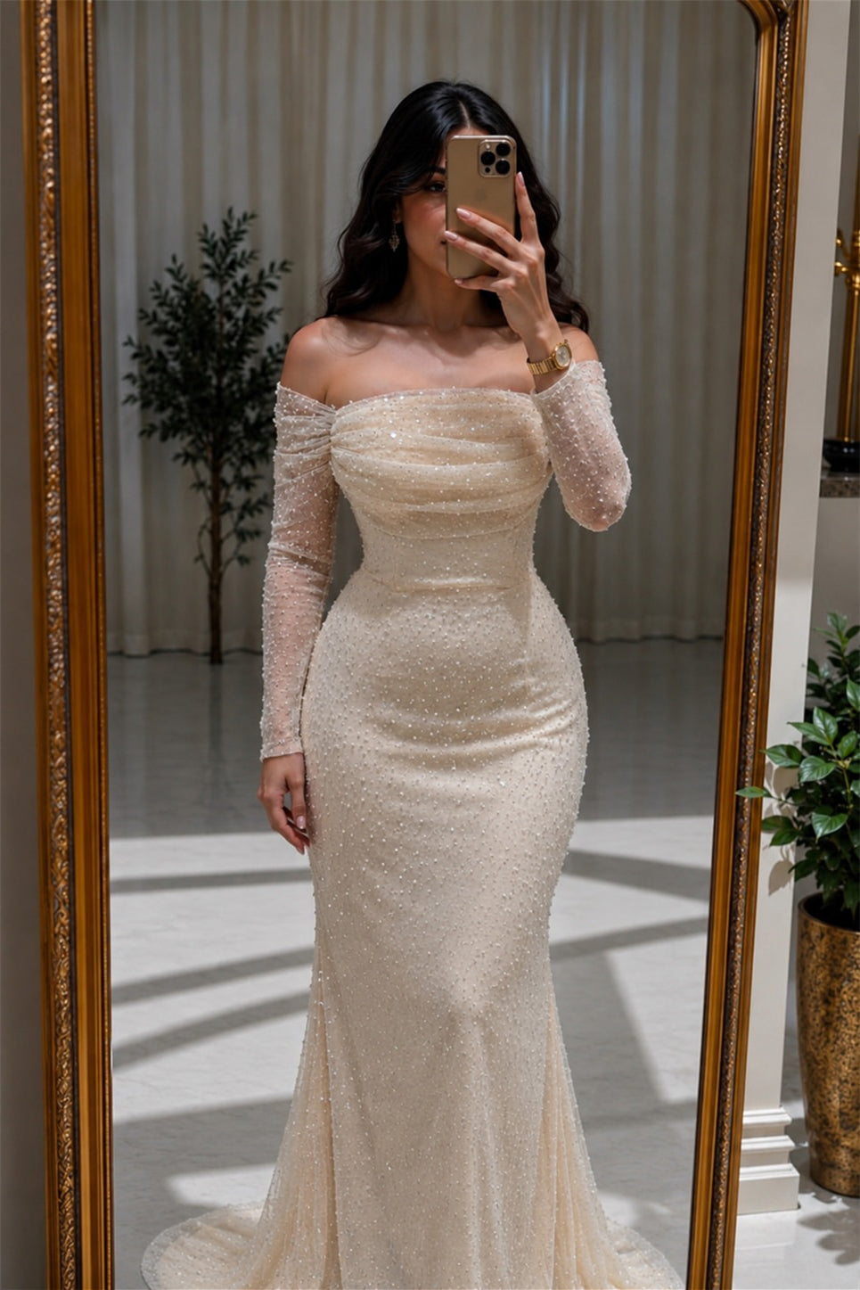Elegant Champagne Long Sleeves Mermaid Prom Dresses Floor Length With Pleats