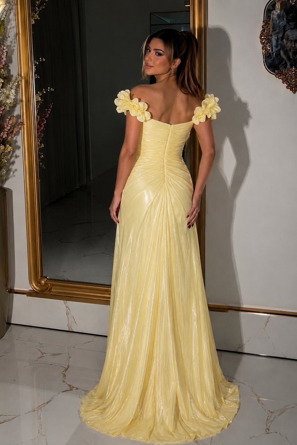 Unique Yellow Off The Shoulder Prom Dresses High Split With Zipper Pleats