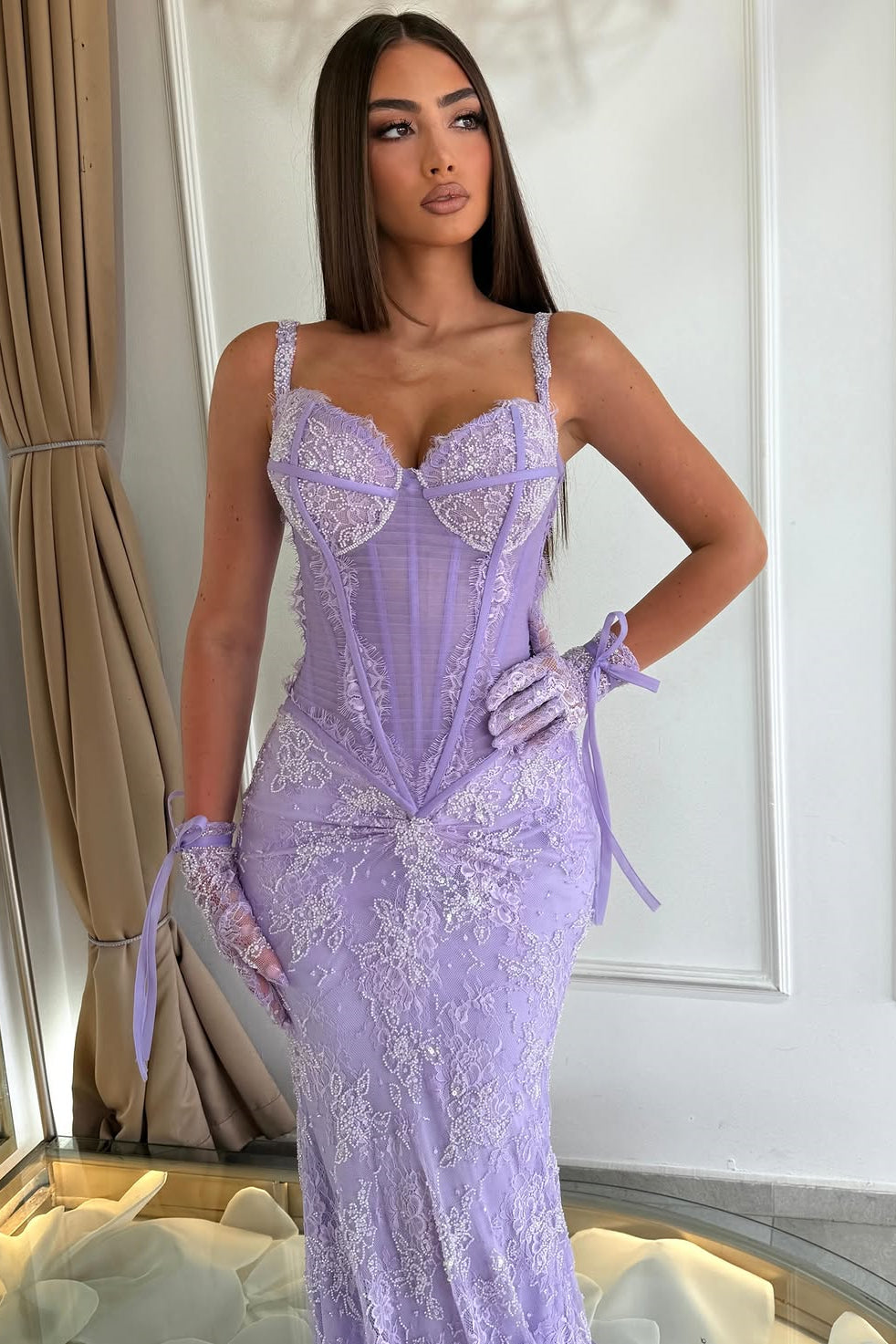 Luxurious Lilac Spaghetti-Straps Sweetheart Sleeveless Lace Prom Dresses Mermaid With Beading