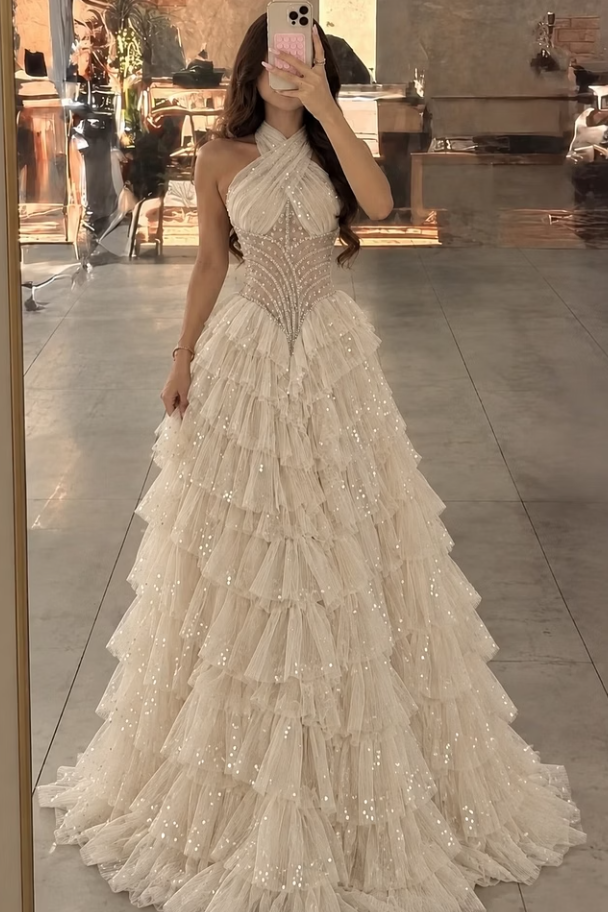Modern Halter Sleeveless Tulle Prom Dresses Floor Length Gem With Pleats