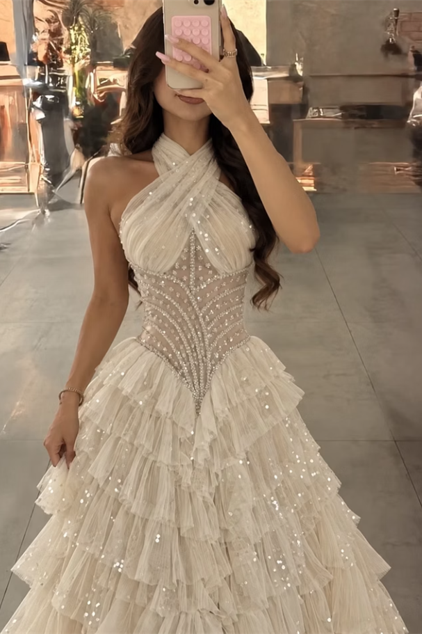Modern Halter Sleeveless Tulle Prom Dresses Floor Length Gem With Pleats