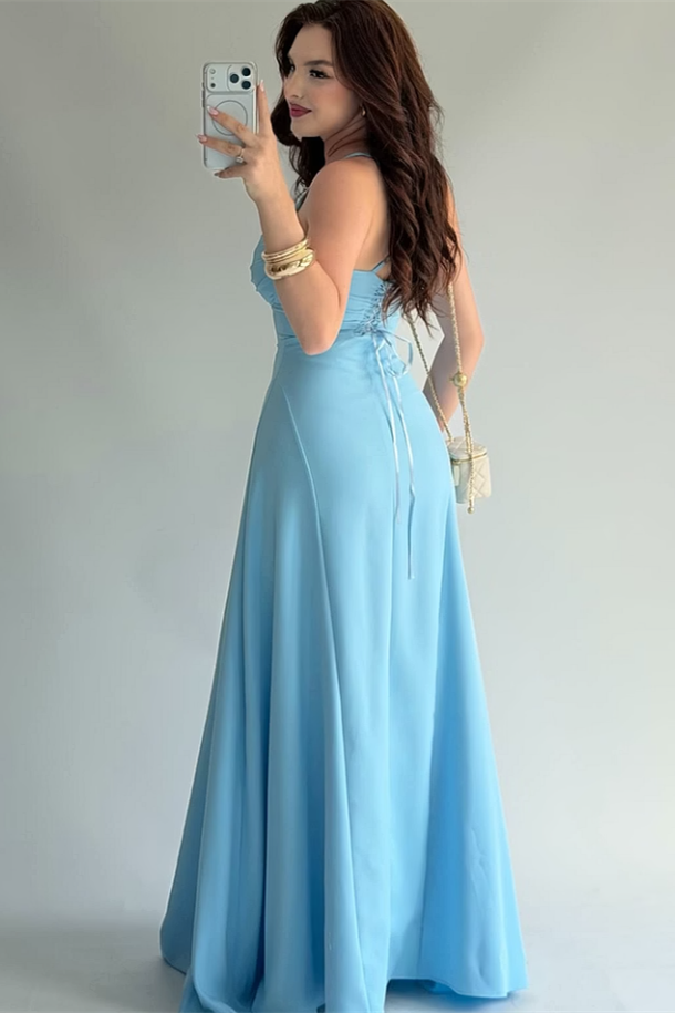 Modern Dusty Blue Sweetheart Spaghetti-Straps Sleeveless Satin Prom Dresses Sheath With Lace-Up Back