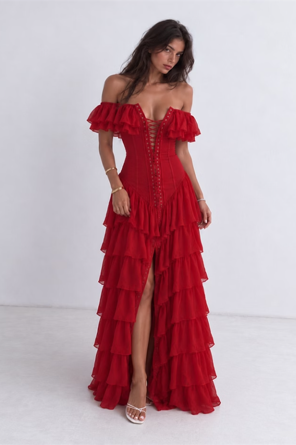 Dazzling Burgundy Off The Shoulder Chiffon Prom Dresses High Split With Pleats