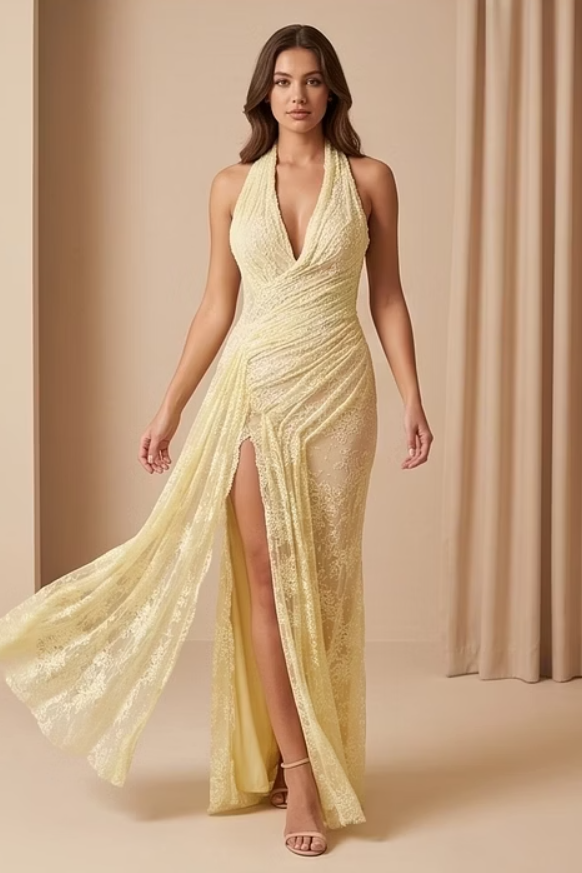 Elegant Daffodil Halter Sleeveless V-Neck Mermaid Prom Dresses Side Split With Pleats
