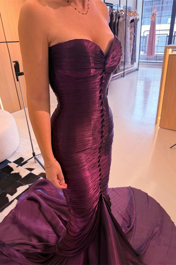 Luxurious Grape Sweetheart Strapless Sleeveless Mermaid Prom Dresses Sheath With Pleats